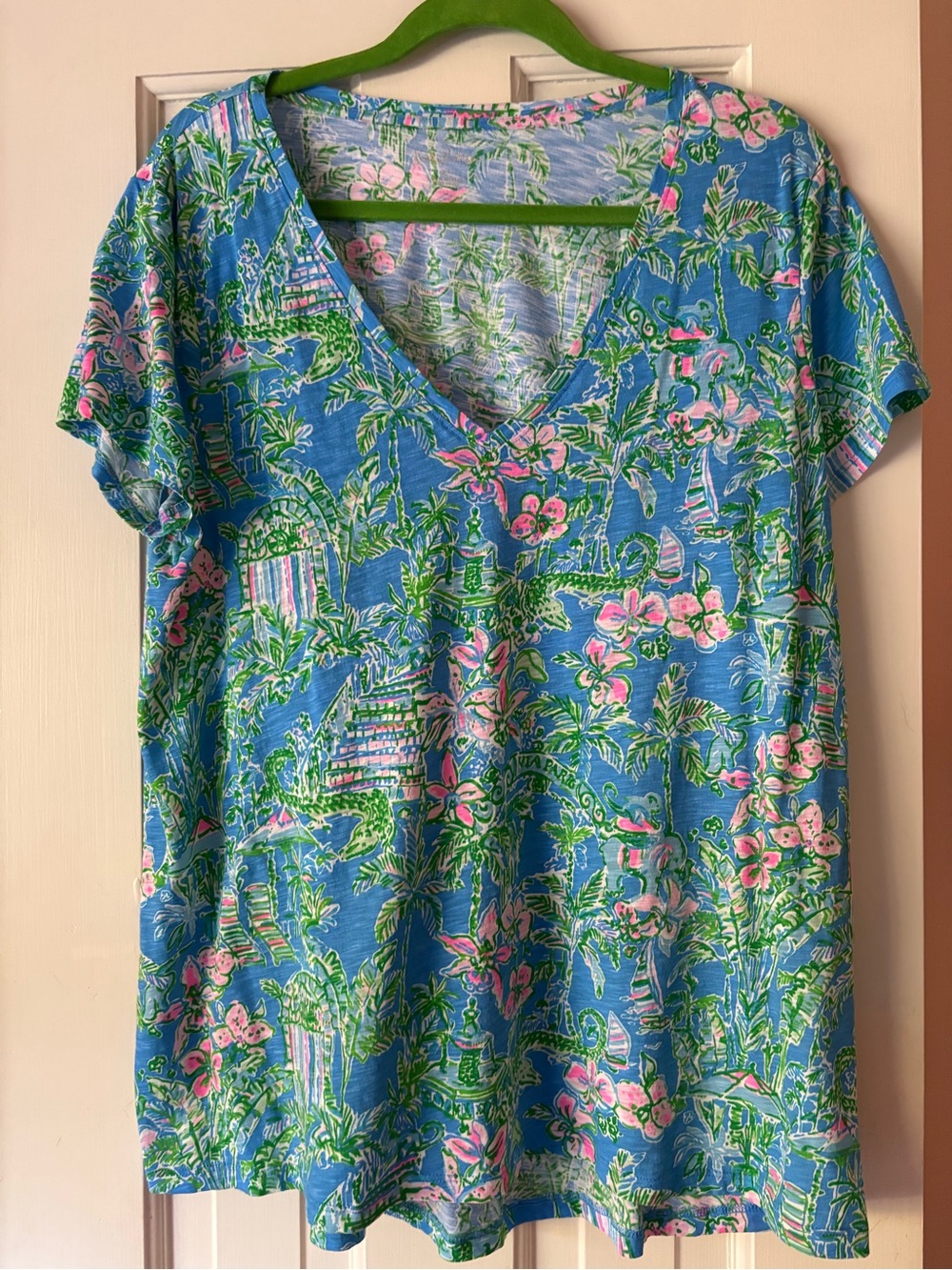 Lilly Pulitzer Blue V-Neck Tee with Pink and Green Floral Print